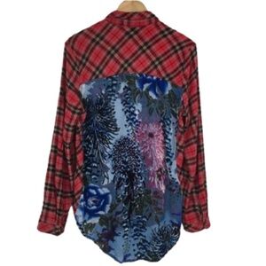Aratta Silent Journey Flannel Button Up Tunic Top Velvet Floral Back Panel Sz M
